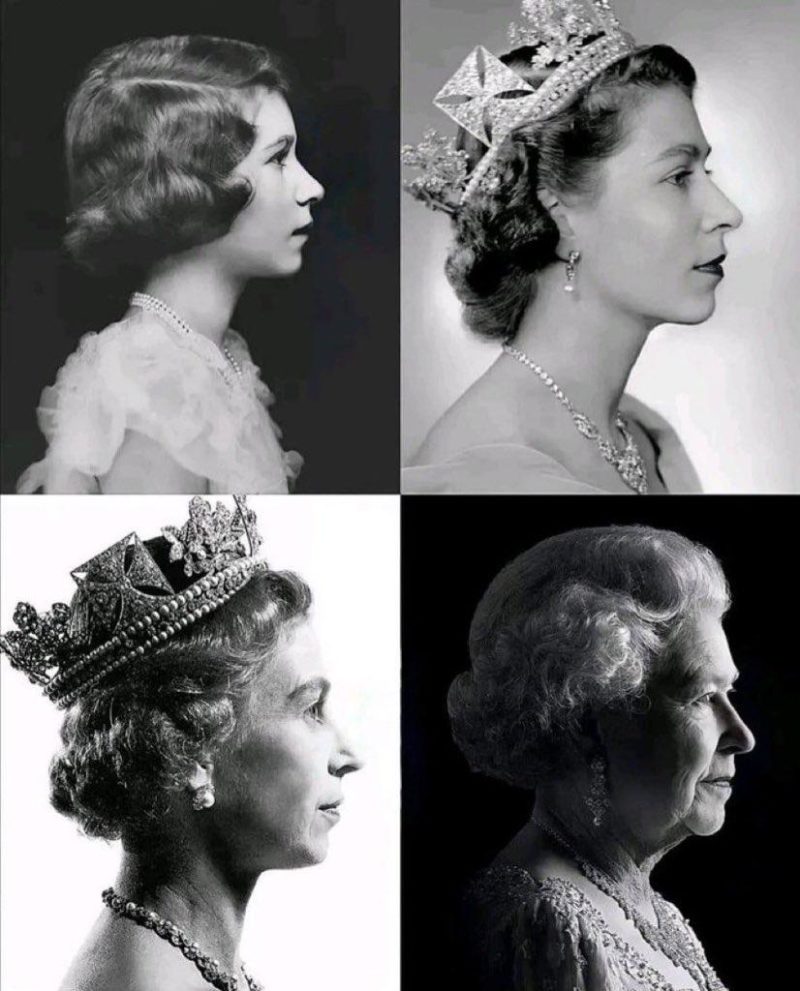 Four black and white photographs of HM Queen Elizabeth II from her childhood through the years